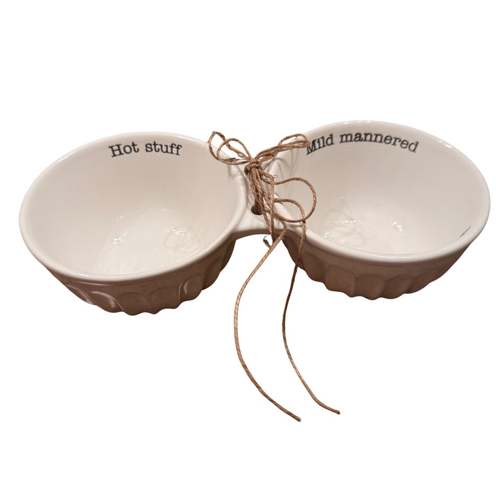 Mud Pie White Ceramic Double Dip Server Hot Stuff Mild Mannered Fluted Bowl